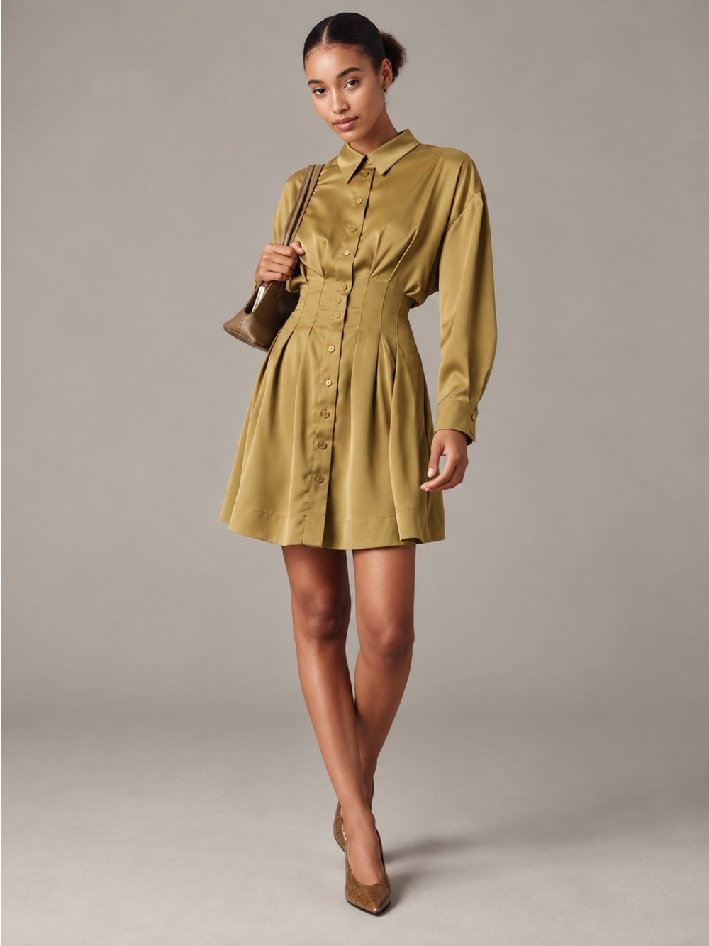 THE TOBIE LONG SLEEVE SATIN MINI SHIRT  DRESS